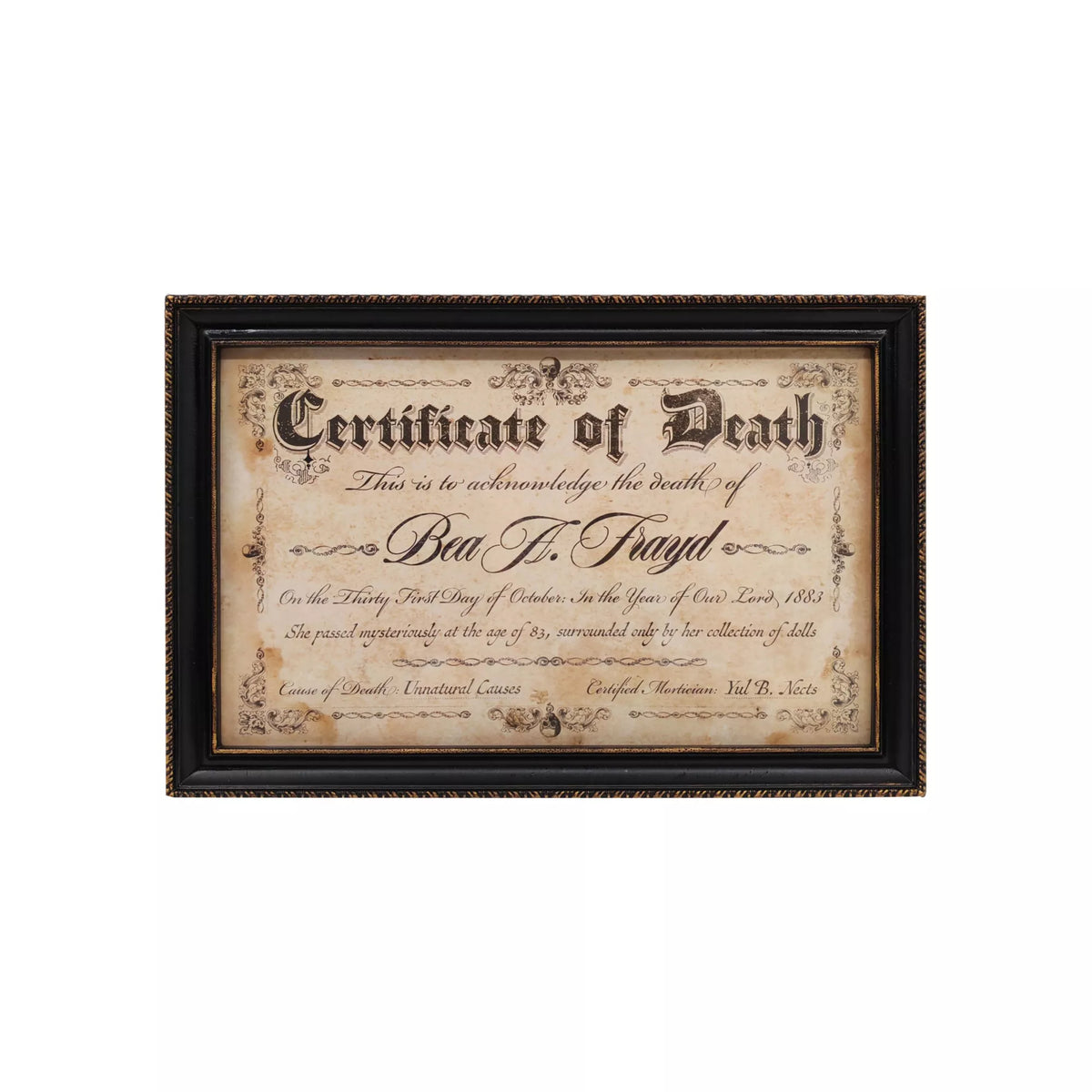 Doll Death Certificate Sign